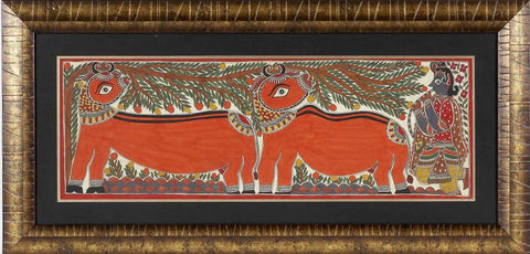 Madhubani Painting Krishna Playing Flute To The Cows By Baua Devi