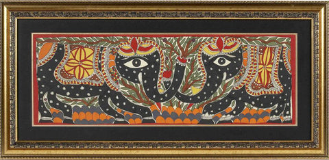Madhubani Painting Pair Of Elephant With Trunk Up By Baua Devi