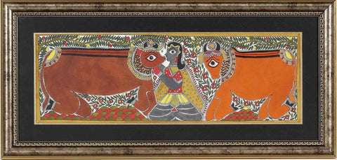 Madhubani Painting Krishna With Cow And The Calf