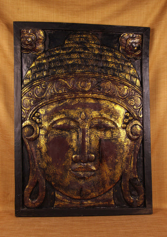 Moksha Wood Panel Buddha Face Large With Gold Finish 30 inches WP011 - Turmeric Art
