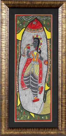 Madhubani Painting Krishna in A Fish (Ht 36.0" x 17.0")