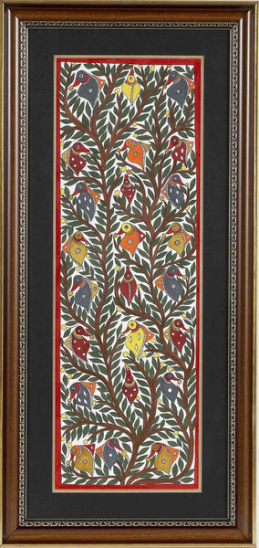 Madhubani Painting Pair Exotic Birds By Baua Devi  Framed 17 x 36 inch (Free Shipping)