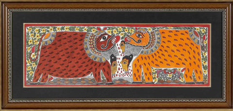 Madhubani Painting Lions Pair Framed ( 17inch x 36 inch) Free Shipping