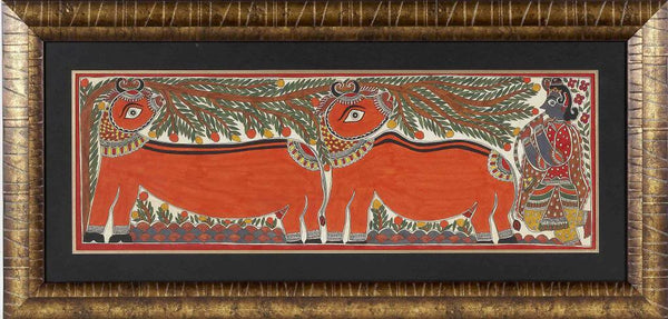Madhubani Painting Krishna Playing Flute To The Cows By Baua Devi