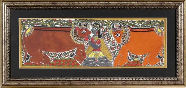 Madhubani Painting Krishna With Cow And The Calf