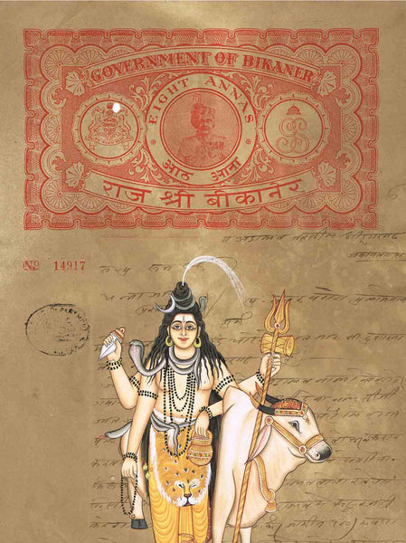 Indian Miniature Painting on Old Court Stamp Paper 20th Century Religious of Lord Shiva