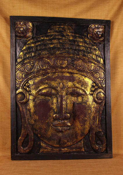 Moksha Wood Panel Buddha Face Large With Gold Finish 30 inches WP011 - Turmeric Art