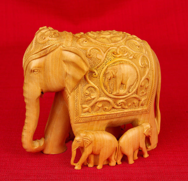 Moksha Wood Carving Elephant with Family Figurine Brown Finish WC041 - Turmeric Art
